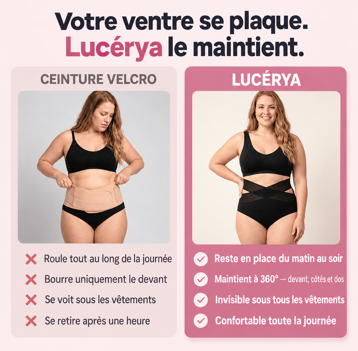 Comparatif entre une ceinture gainante à velcro et la culotte Lucérya