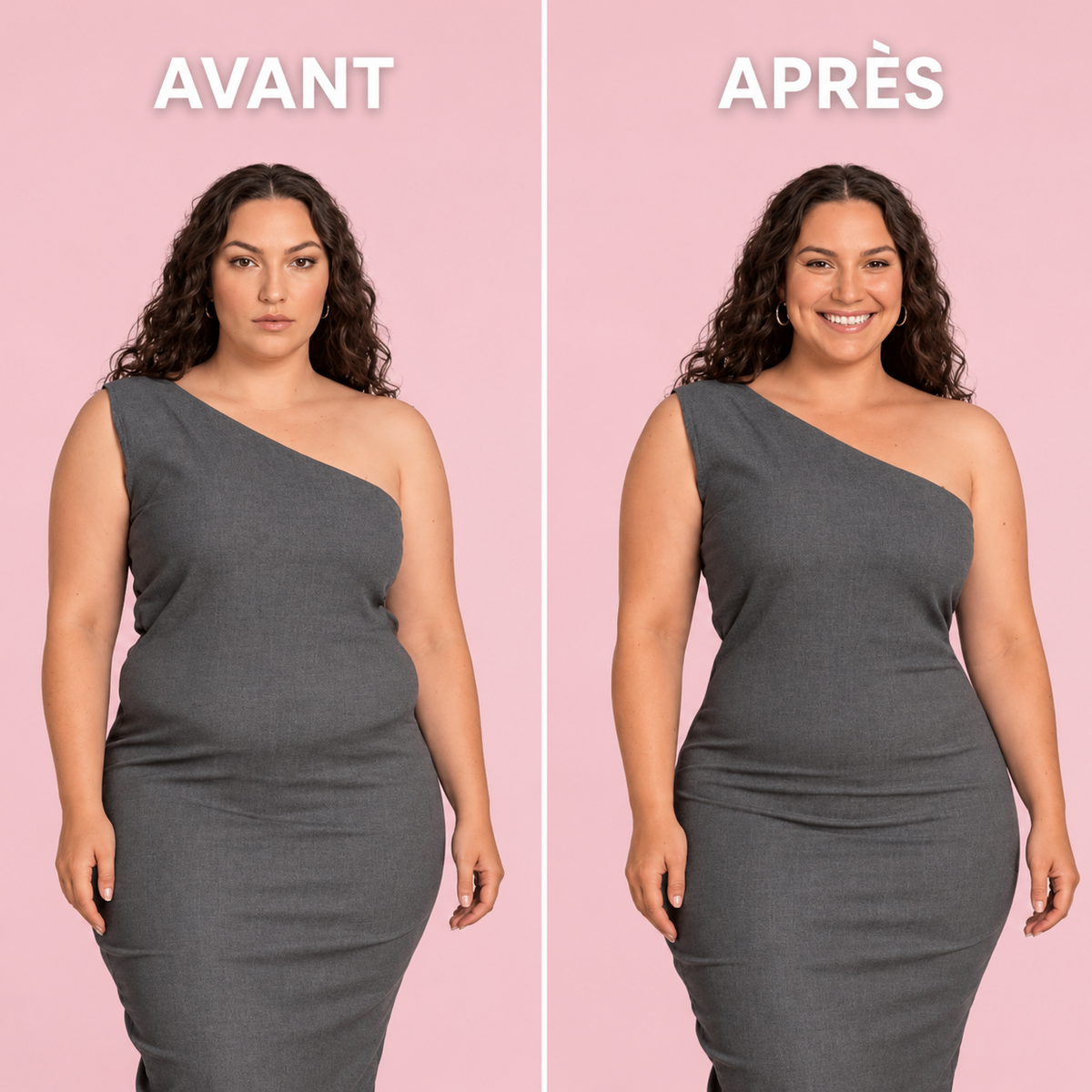Avant et après avec la culotte Lucérya, même robe le même jour